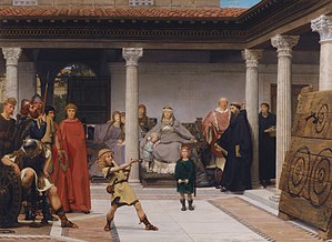 חינוך ילדיו של המלך כלוביס - ציור מעשה ידי לורנס אלמה-טדמה. בציור נראית רעייתו של המלך כלוביס, המלכה קלותילדה, המלמדת את שלושת ילדיהם המשותפים ליידות פרנסיסקה (סוג של גרזן קרב).