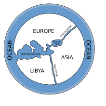 Reconstruction of an early world map made by Anaximander of the 6th century BCE, dividing the known world into three large landmasses, one of which was named Europe Anaximander world map-en.svg