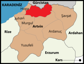 Map showing Borçka District in Artvin Province