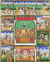Ten incarnations of Vishnu (Matsya, Kurma, Varaha, Vamana, Krishna, Kalki, Buddha, Parshurama, Rama & Narasimha). Painting from Jaipur, now at the Victoria and Albert Museum Avatars.jpg