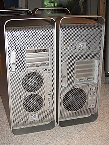 The backs of a Power Mac G5 (left) and a Mac Pro (right) show the differences in arrangement. Note the twin fans on the Power Mac and the single fan on the Mac Pro as well as the new I/O port arrangement. Backside Mac Pro vs Power Mac G5.jpeg