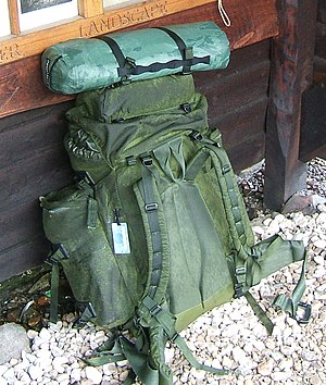 A carrier shoulder strap on a backpack
