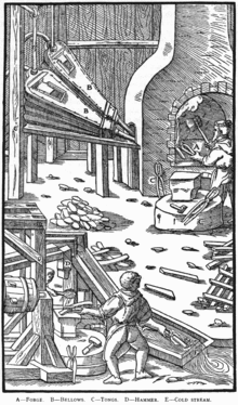 Woodcut image showing man at open hearth with tongs and machine bellows to the side in background, man at water-operated hammer with quenching sluice nearby in foreground