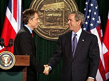 Tony Blair (left) and George W. Bush at Camp David in March 2003, during the build-up to the invasion of Iraq Bush and Blair at Camp David.jpg