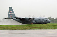 A U.S. Air Force Lockheed C-130H Hercules (s/n 91-1231) from the 165th Airlift Squadron, 123rd Airlift Wing, Kentucky Air National Guard, lands at Lungi, Sierra Leone, on 21 July 2003. C-130H Kentucky ANG landing at Sierra Leone 2003.JPEG