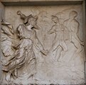 Reliefs der Sockelzone, Szenen aus dem Buch Genesis, links. Vertreibung aus dem Paradies.