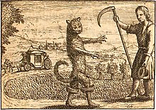Gravure de 1697 représentant un chat debout et sortant les griffes.