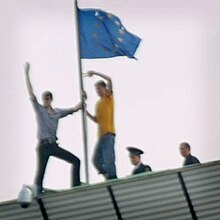 The flag of Europe was a symbol for Moldovan anti-communists in 2009 Chisinau-eu.jpg