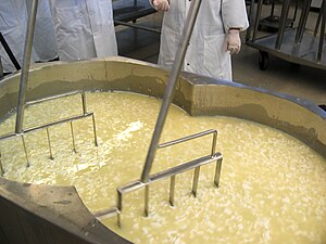 English: Cooking of curds during chedder manuf...