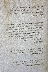 Statements of innocence, Part of the memorial for the victims of the 1692 witchcraft trials, Danvers, Massachusetts Danvers victims memorial, quotations from victims.jpg