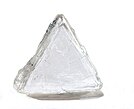 A clear triangular crystal with a flat face and slightly rough edges