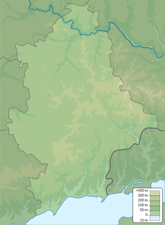 Mapa konturowa obwodu donieckiego, blisko centrum na lewo u góry znajduje się punkt z opisem „źródło”, natomiast u góry znajduje się punkt z opisem „ujście”
