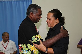 Dr Jimmie Rodgers congratulates Meg Taylor who was appointed as the first female Secretary General of the PIF Dr Jimmie Rodgers congratulates the new Secretary General of the Pacific Islands Forum 2014.jpg