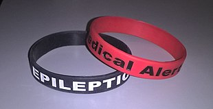Wristbands or bracelets denoting their condition are occasionally worn by people with epilepsy should they need medical assistance. Epilepsy Medical Alert Wrist Bracelets 2018.jpg