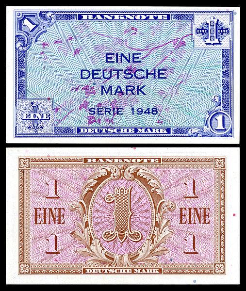 Deutsche Mark note issued by the allies in 1948, just after World War II, in the newly-divided West Germany.