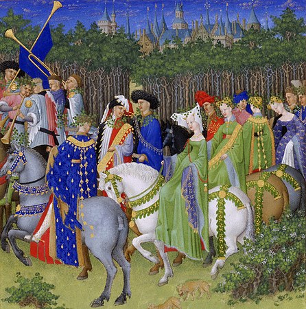 Artwork from Très Riches Heures du Duc de Berry, depicting wealthy people in May.