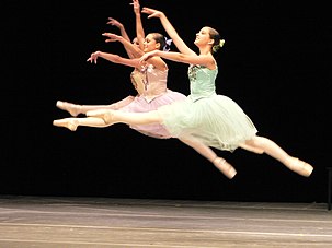 This image shows two ballet dancers performing on stages and they are seen jumping in the air.
