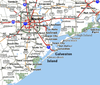 Gilchrist, Texas (center right) on Bolivar Peninsula, southeast of Houston.