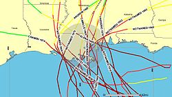 Hurricanes of Category 3 or greater passing within 100 miles, from 1852 to 2005 (NOAA) Hurricanes Category 3 or greater within 100 miles of New Orleans.jpg