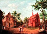 Obraz Teodora Stachowicza. Dzisiejsza ulica Długa, kościół słowiański po lewej.