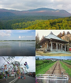 Dari atas ke bawah, kiri ke kanan : Gunung Kurikoma, Izu-numa, Kuil Sōrinji, Festival Tanabata Tsukidate, dan Kuriden Rail Bike Riding Party.