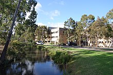 Moat and George Singer Building, La Trobe University Bundoora Campus La Trobe University.jpg