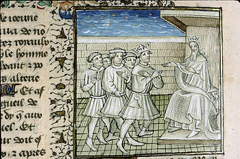 Illuminated manuscript showing King Richard the Lionheart authorizing Guy de Lusignan to take Cyprus Lusignan.jpg