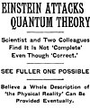 Titular periodísticu sobre declaraciones d'Albert Einstein contra la teoría cuántica (1935).