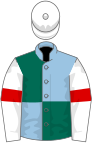 Light blue and dark green (quartered), white sleeves, red armlets, white cap