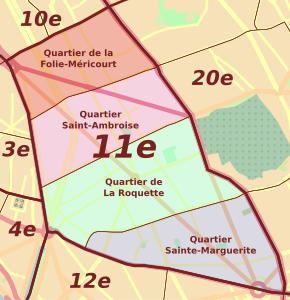 De fyra administrativa distrikten i Paris elfte arrondissement.