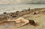 "Aangespoeld". Jong naakt meisje op een strand, 1906