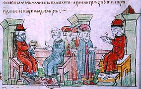 Pogajanja kneza Vladimirja z Dobrinjo; Vladimir je leta 985 (ali 986) sklenil mir z Volškimi Bolgari