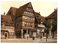 Ansicht von Südwesten: rechts Umgestülpter Zuckerhut, zusammen mit links dem Pfeilerhaus. Vor der Zerstörung im Zweiten Weltkrieg. Abbildung um 1890/1900