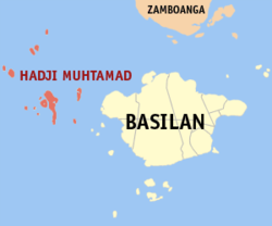 Mapa ng Basilan na nagpapakita sa lokasyon ng Hadji Muhtamad na dating bahagi ng Lantawan.