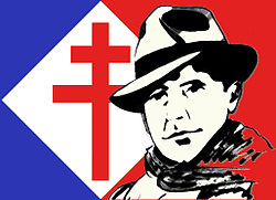 A francia ellenállási mozgalom emblémája: a Lorraine-kereszt és Jean Moulin.
