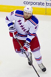 The Rangers acquired Rick Nash in a multi-player trade with the Columbus Blue Jackets in 2012. Rick Nash Rangers.jpg