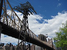 One of the support towers, which hold up the cables. The Queensboro Bridge and Manhattan skyline are visible in the background. Roosevelt Island Tramway 2.jpg