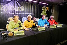 Bob Novella, Steve Novella, Jay Novella and Evan Bernstein at DragonCon 2018, sporting Star Trek costumes. SGU Dragon Con Panel 2018.jpg