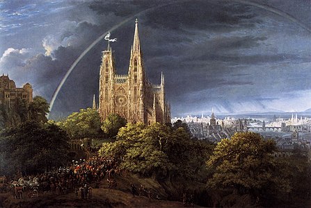 Cité médiévale au bord d'un fleuve (1815).