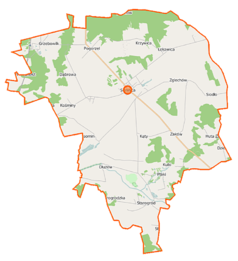 Mapa konturowa gminy Siennica, u góry po lewej znajduje się punkt z opisem „Dwór w Grzebowilku”