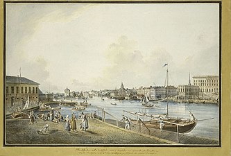 Stockholm åt Saltsjön, utsikt från Norrmalm mot Saltsjön med del av Stockholms slott till höger på 1790-talet, i förgrunden kajer med folkliv.