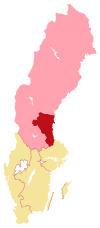 Länsrättens domkrets (rött) samt den kammarrätt den föll under (ljusrosa).