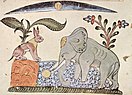 1354 illustration depicting Panchatantra fable: Rabbit fools Elephant by showing the reflection of the moon