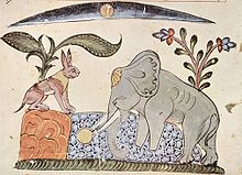 From the Panchatantra: Rabbit fools Elephant by showing the reflection of the moon. Syrischer Maler von 1354 001.jpg