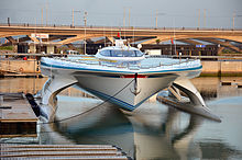 In 2012, PlanetSolar became the first ever solar electric vehicle to circumnavigate the globe. Turanor PlanetSolar Rabat.JPG