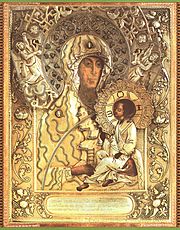 15th century icon of the Theotokos ("God-bearer") Molchenskaia ikona 1405 Putivl'.jpg