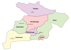 Location of Fardis County in Alborz province (bottom, pink)