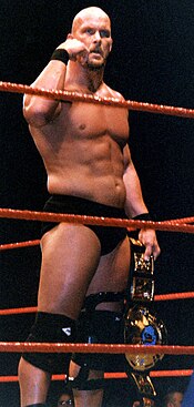 Stone Cold Steve Austin rivalry with Vince McMahon is often cited as having turned the tides for WWF in the Monday Night War against rival promotion WCW. Austin with WWF title.jpg