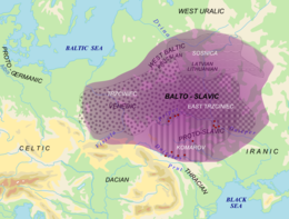 Area of Balto-Slavic dialectic continuum (purple) with proposed material cultures correlating to speakers Balto-Slavic in Bronze Age (white). Red dots = archaic Slavic hydronyms Balto-Slavic lng.png