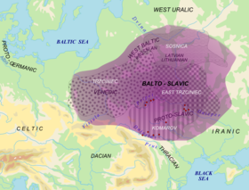 The Eastern Iranic and Balto-Slavic dialect continuums in Eastern Europe, the latter with proposed material cultures correlating to speakers of Balto-Slavic in the Bronze Age (white). Red dots = archaic Slavic hydronyms Balto-Slavic lng.png